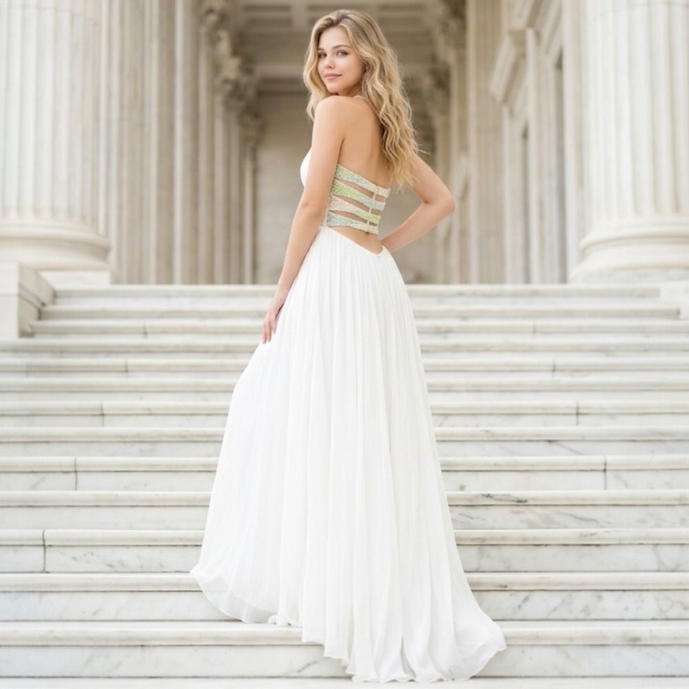 Sherri Hill 6 White Silk Beaded Strapless Gown Open Back Prom Pageant Dress